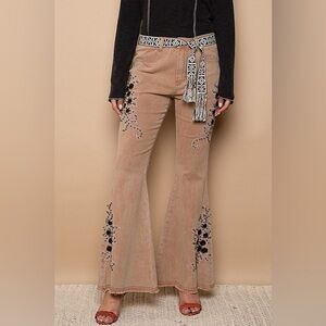POL Contrast Embroidered Twill Flare Pants in Cocoa